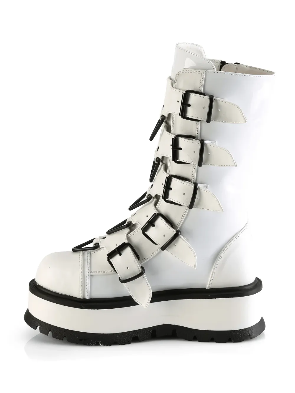 Edgy DEMONIA Mid-Calf White Platforms Boots