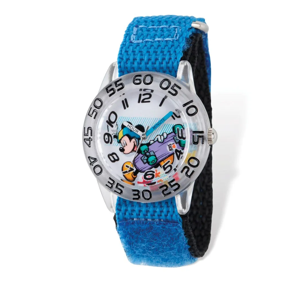 Disney Boys Mickey Skateboard Blue Velcro Band Time Teacher Watch -> Mickey Mouse Kids Blue Skateboard Velcro Strap Time Teachin