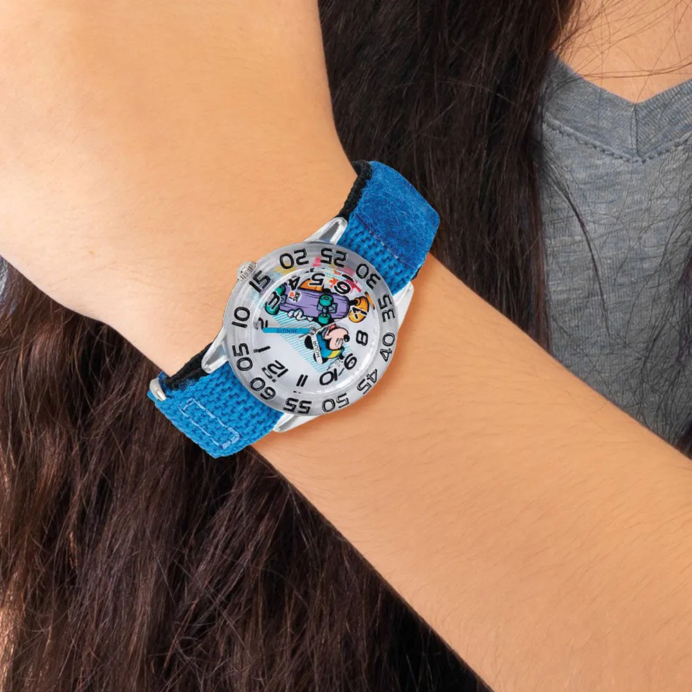 Disney Boys Mickey Skateboard Blue Velcro Band Time Teacher Watch -> Mickey Mouse Kids Blue Skateboard Velcro Strap Time Teachin