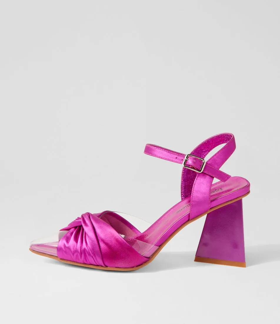 DJANGO & JULIETTE Hivon Clear Fuchsia Satin Vinylite Leather Heels