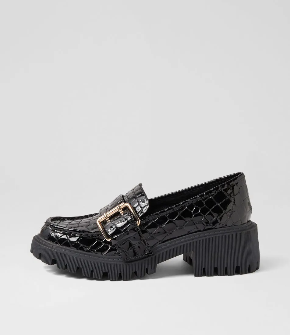 DJANGO & JULIETTE Quaze Black Shine Croc Leather Heels