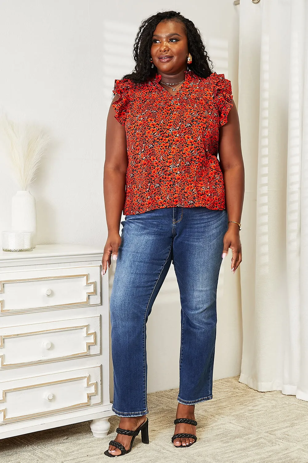 Floral Flutter Sleeve Blouse with Notched Neck in Double Take Style