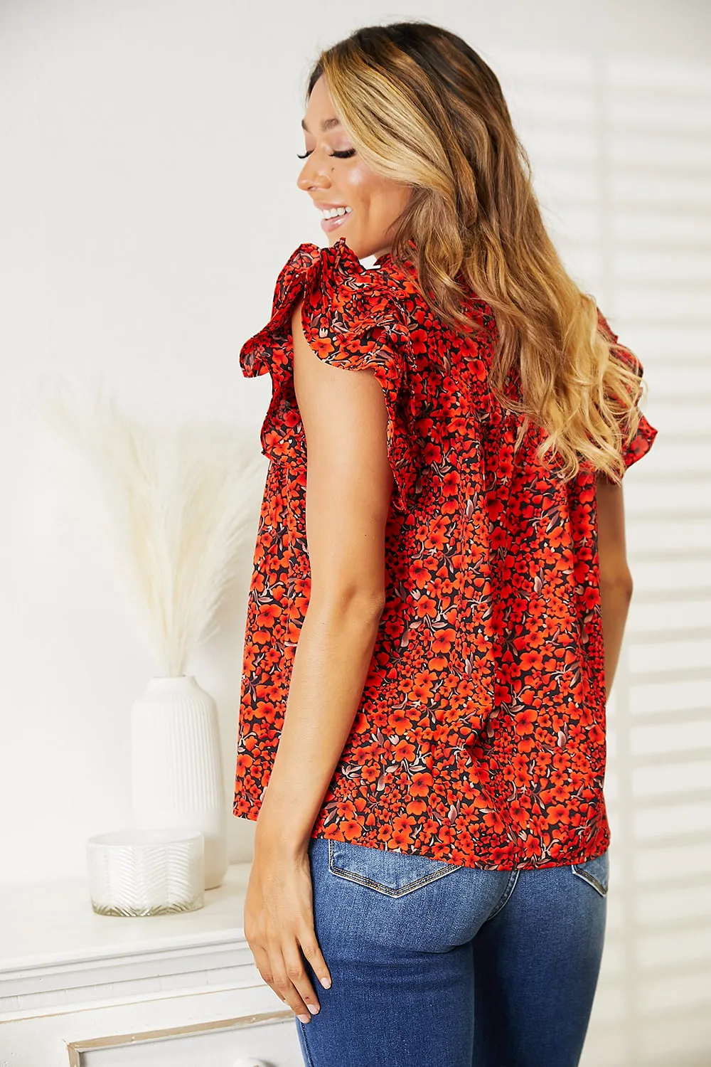 Floral Flutter Sleeve Blouse with Notched Neck in Double Take Style