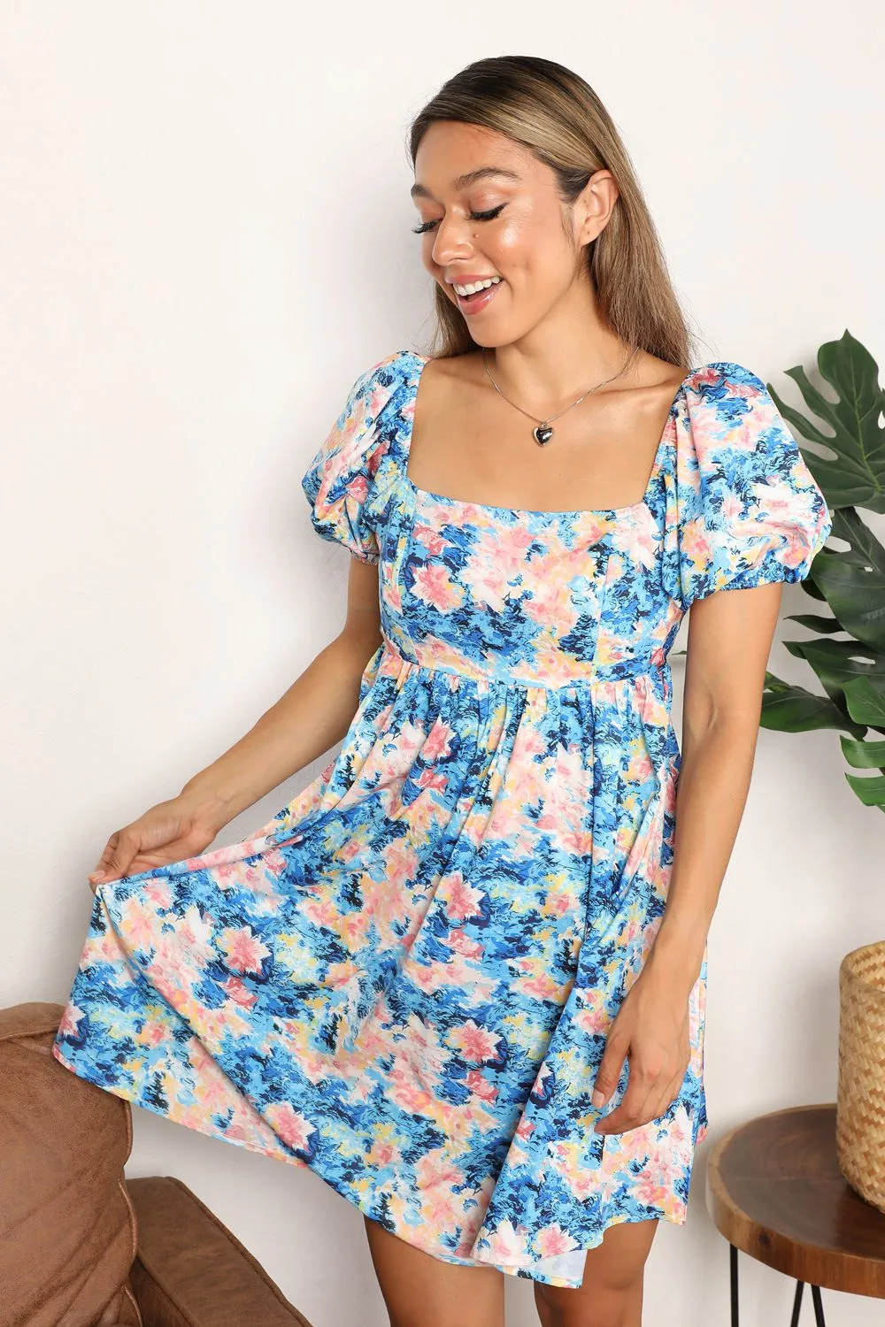 Square Neck Puff Sleeve Dress with Double Take Floral Pattern