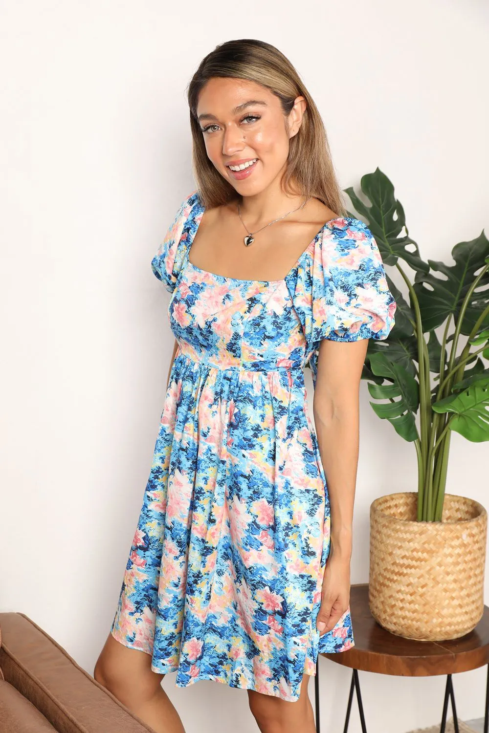 Square Neck Puff Sleeve Dress with Double Take Floral Pattern