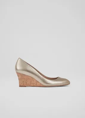 Eevi Gold Suede Cork Wedges, Gold