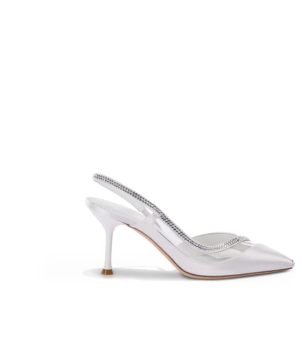 Eye-catching Rhinestoned white satin pumps