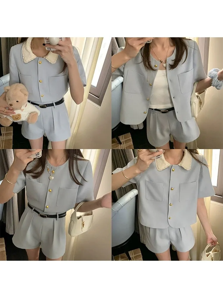 FF BLUE Korean baby blue sweet girl blue and white temperament short-sleeved top and shorts set (one set comes with a belt)