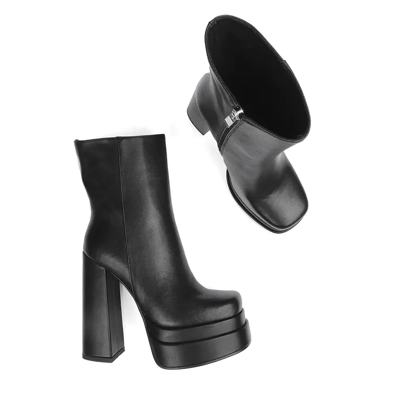 Quality Genuine Leather Women's Boots with Zipper Platforms and Elegant Heels