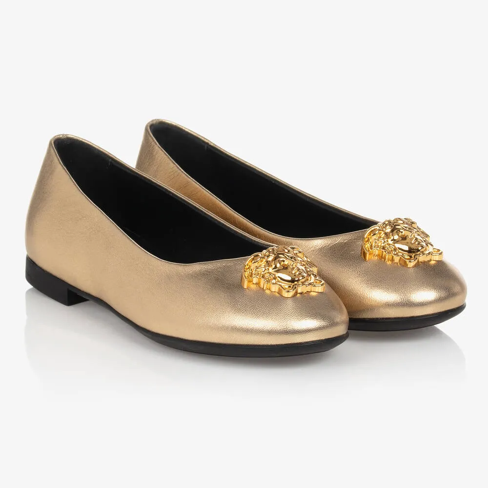 Girls Gold Leather Ballerina Pumps