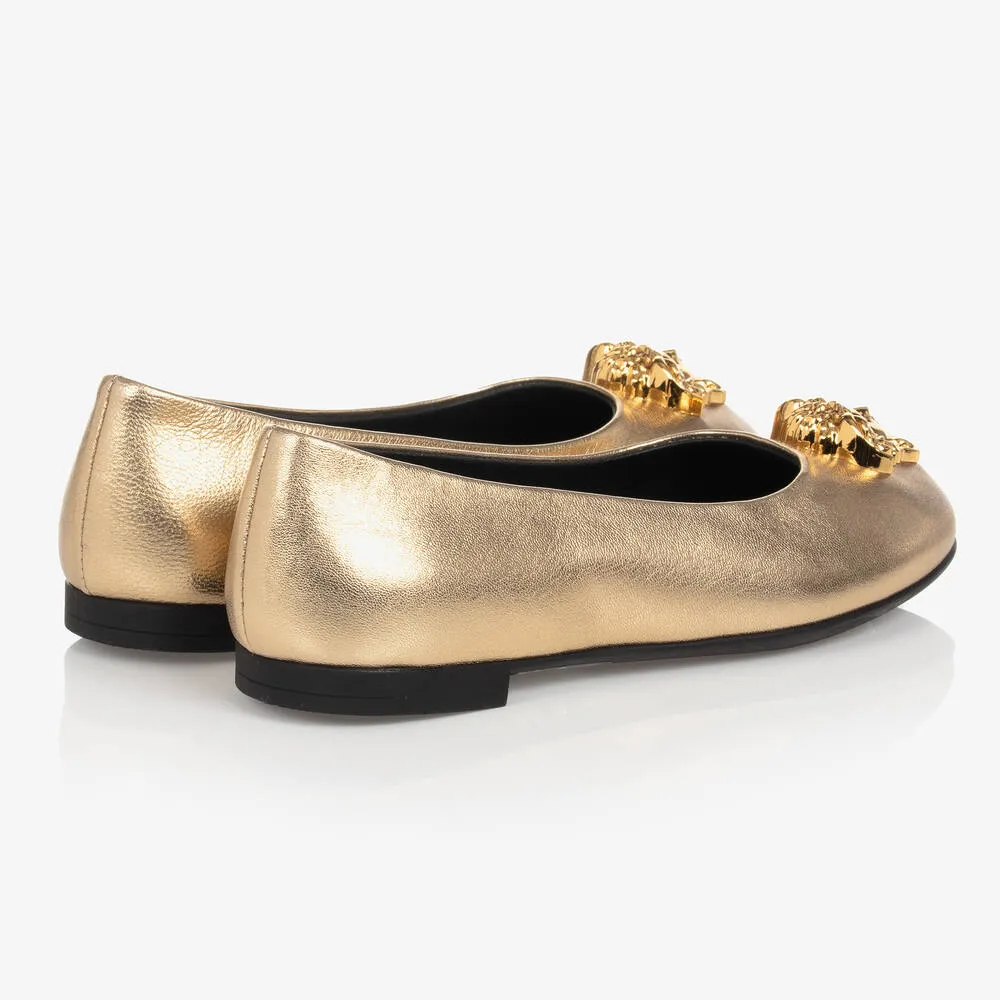 Girls Gold Leather Ballerina Pumps