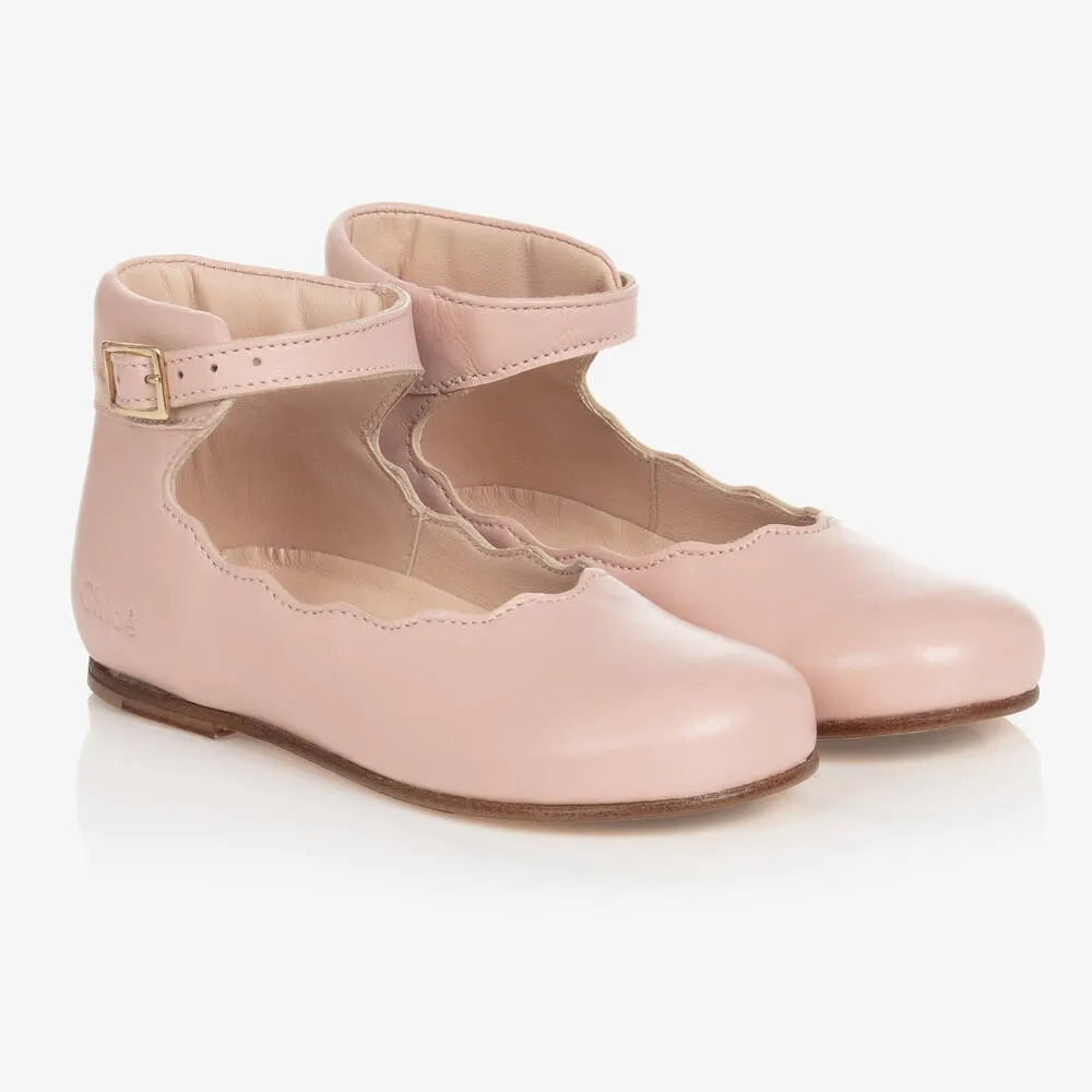 Girls Pink Scallop Leather Pumps