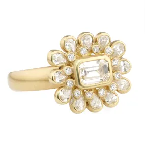 Gold Bezel-Set Emerald-Cut Diamond Ring with Teardrop Halo