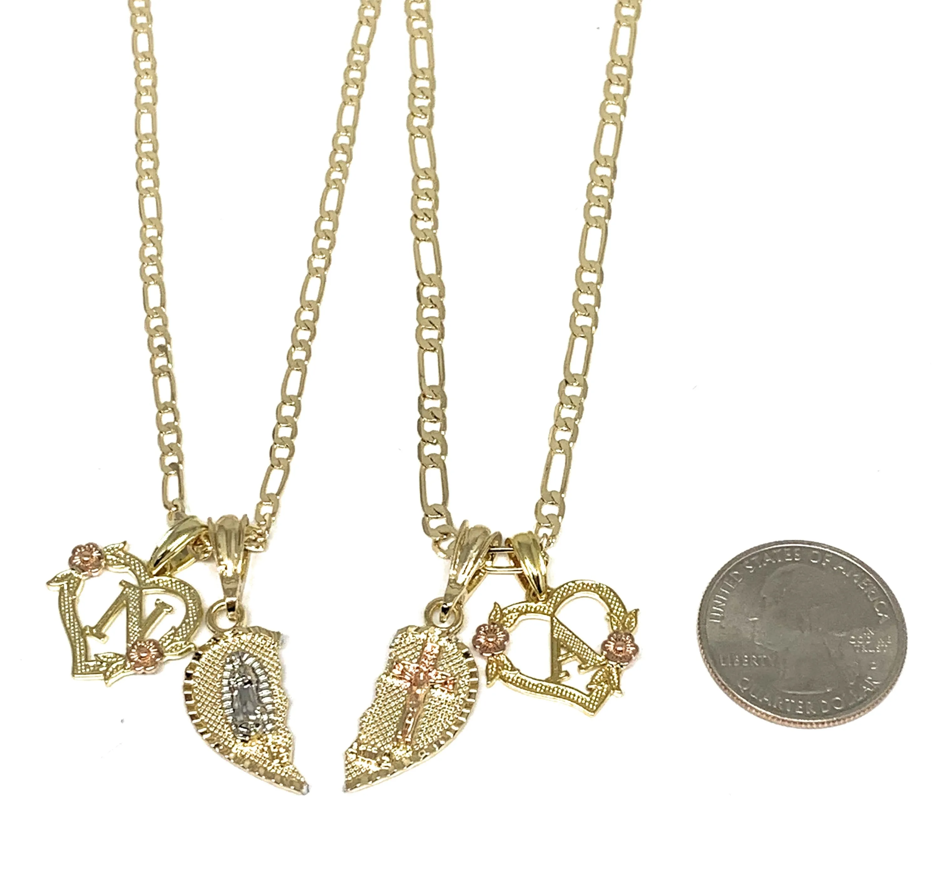 GOLD PLATED TRI-COLOR VIRGIN MARY & CHRIST TE AMO HEART SPLIT PENDANT & HEART INITIAL LETTER TWO NECKLACE SET 24