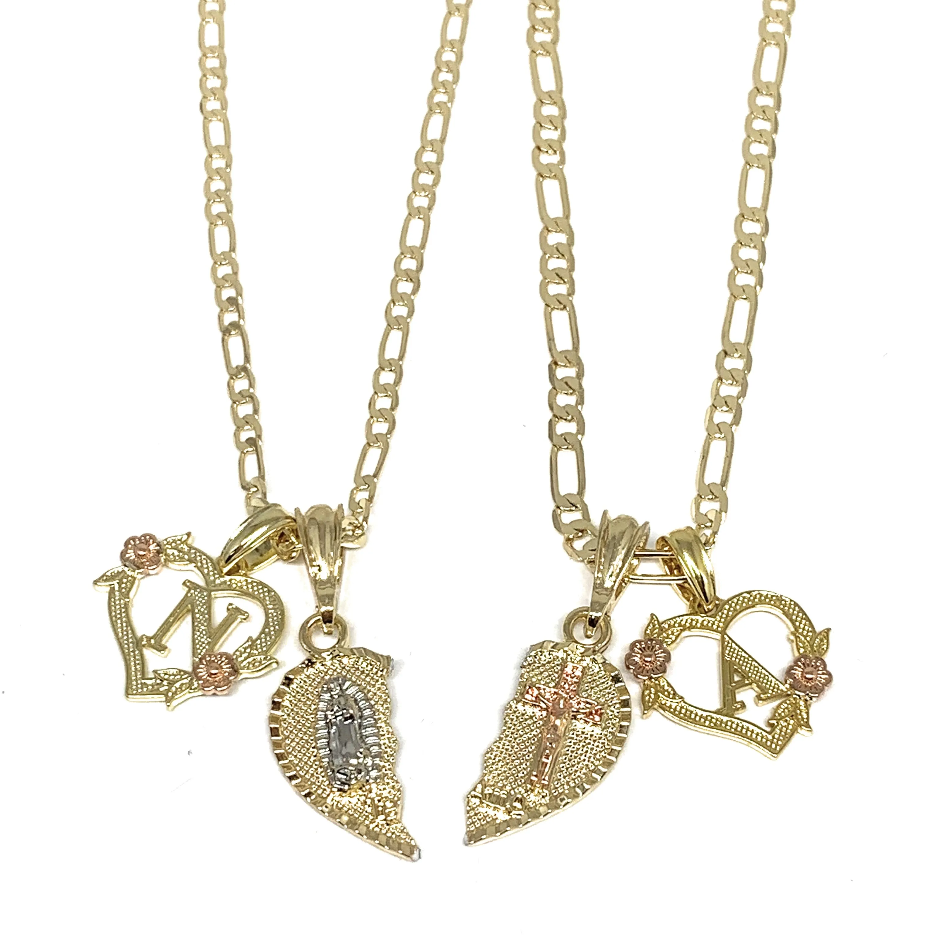 GOLD PLATED TRI-COLOR VIRGIN MARY & CHRIST TE AMO HEART SPLIT PENDANT & HEART INITIAL LETTER TWO NECKLACE SET 24