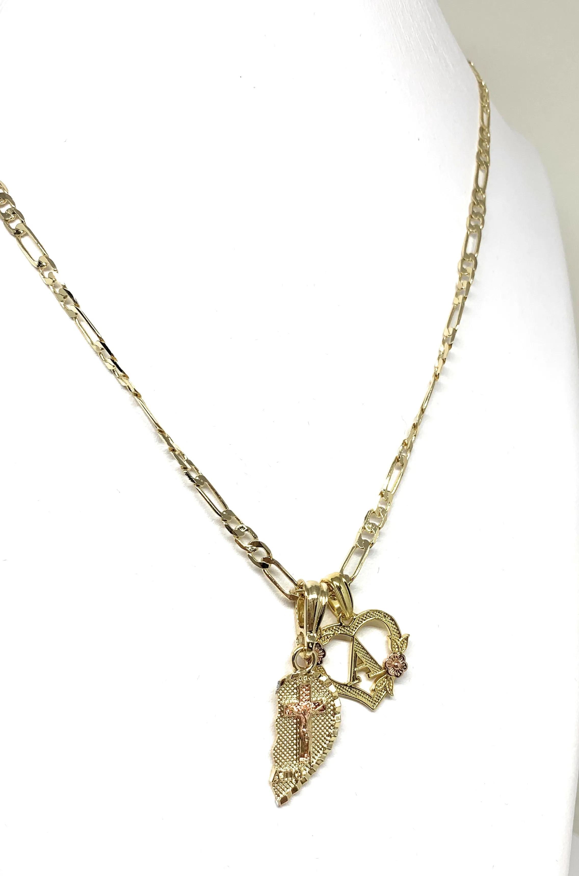 GOLD PLATED TRI-COLOR VIRGIN MARY & CHRIST TE AMO HEART SPLIT PENDANT & HEART INITIAL LETTER TWO NECKLACE SET 24