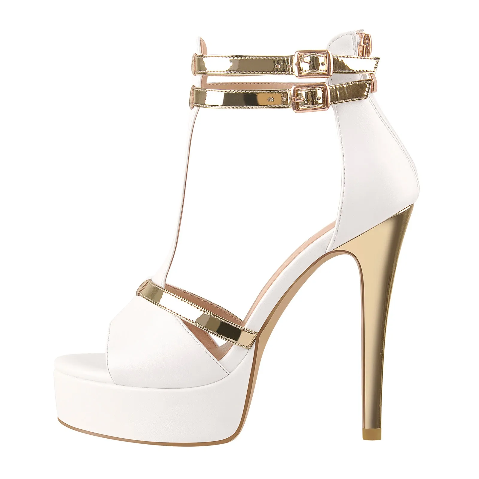 White Platform High Heel Pumps with Gold T-Strap