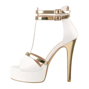 White Platform High Heel Pumps with Gold T-Strap