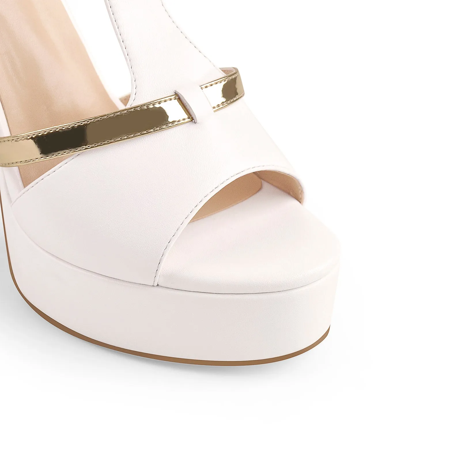 White Platform High Heel Pumps with Gold T-Strap