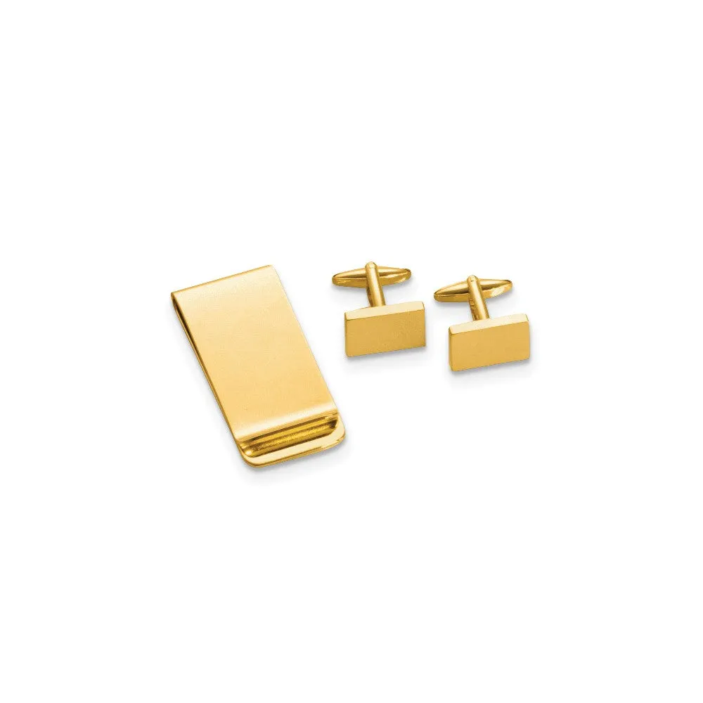 Gold-tone Rectangular Engravable Cuff Link and Money Clip Set