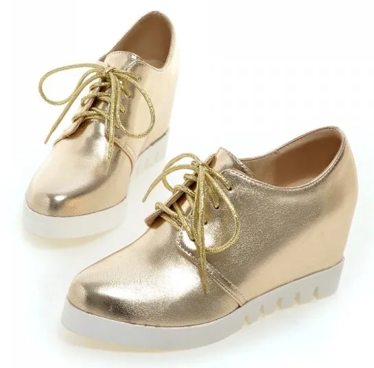 Gold Lace Up White Sole Sneakers Oxfords Wedge Platforms