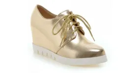 Gold Lace Up White Sole Sneakers Oxfords Wedge Platforms