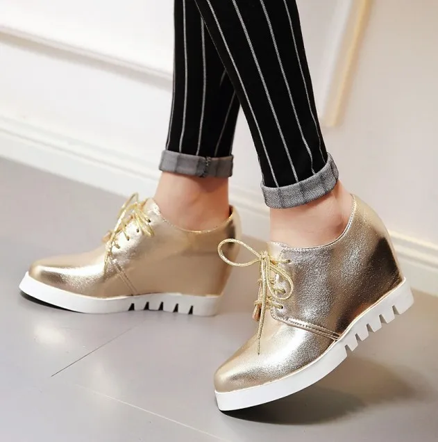 Gold Lace Up White Sole Sneakers Oxfords Wedge Platforms