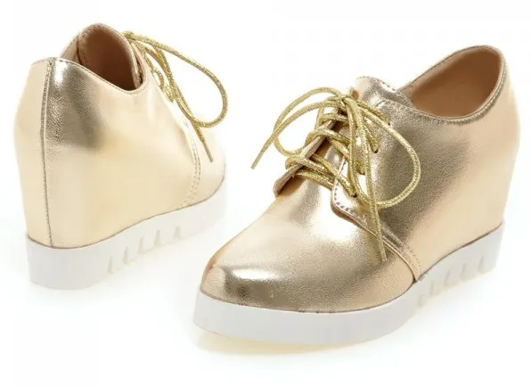 Gold Lace Up White Sole Sneakers Oxfords Wedge Platforms