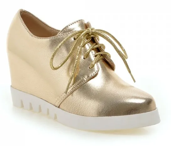 Gold Lace Up White Sole Sneakers Oxfords Wedge Platforms