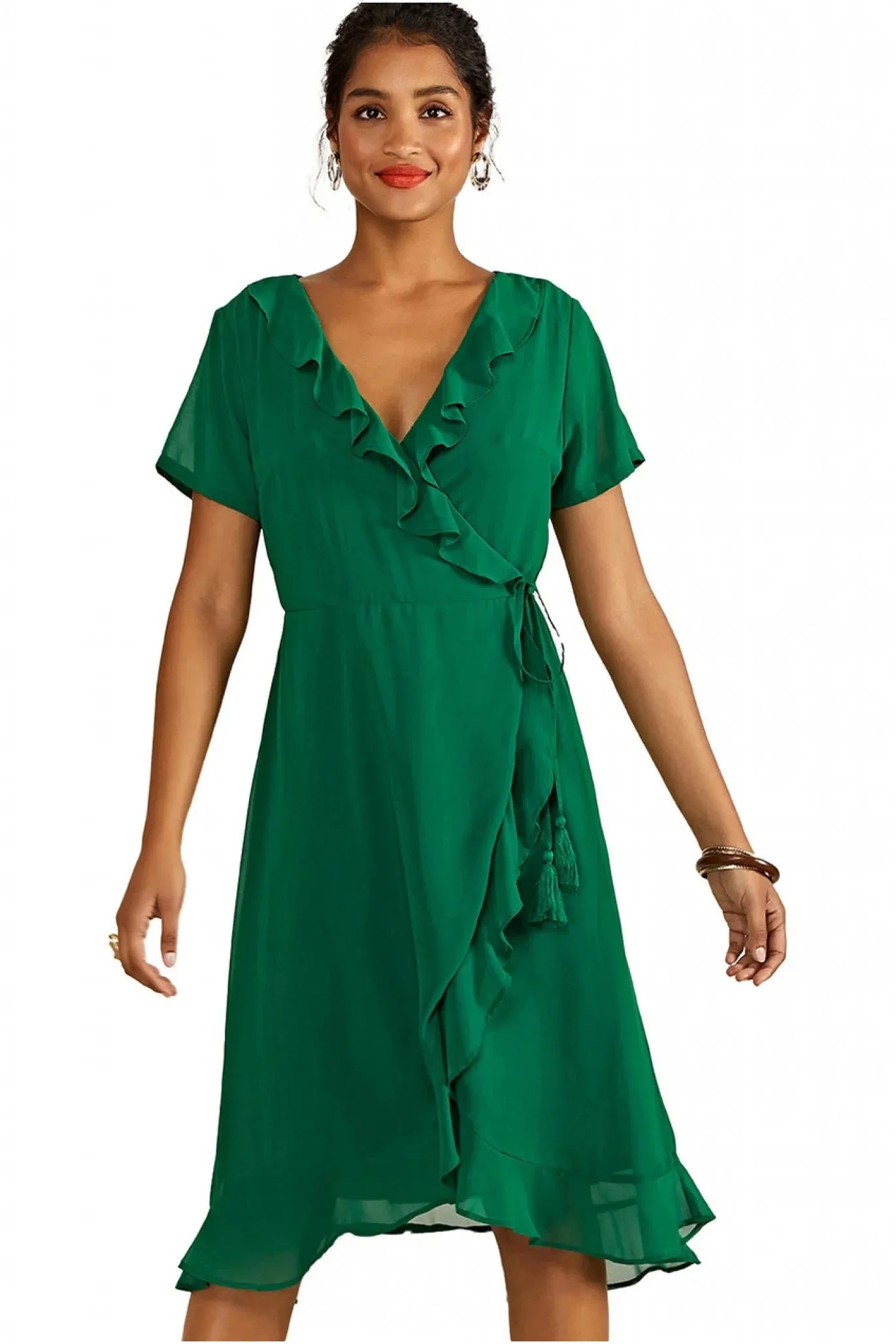 Green Frill Wrap Dress by Yumi