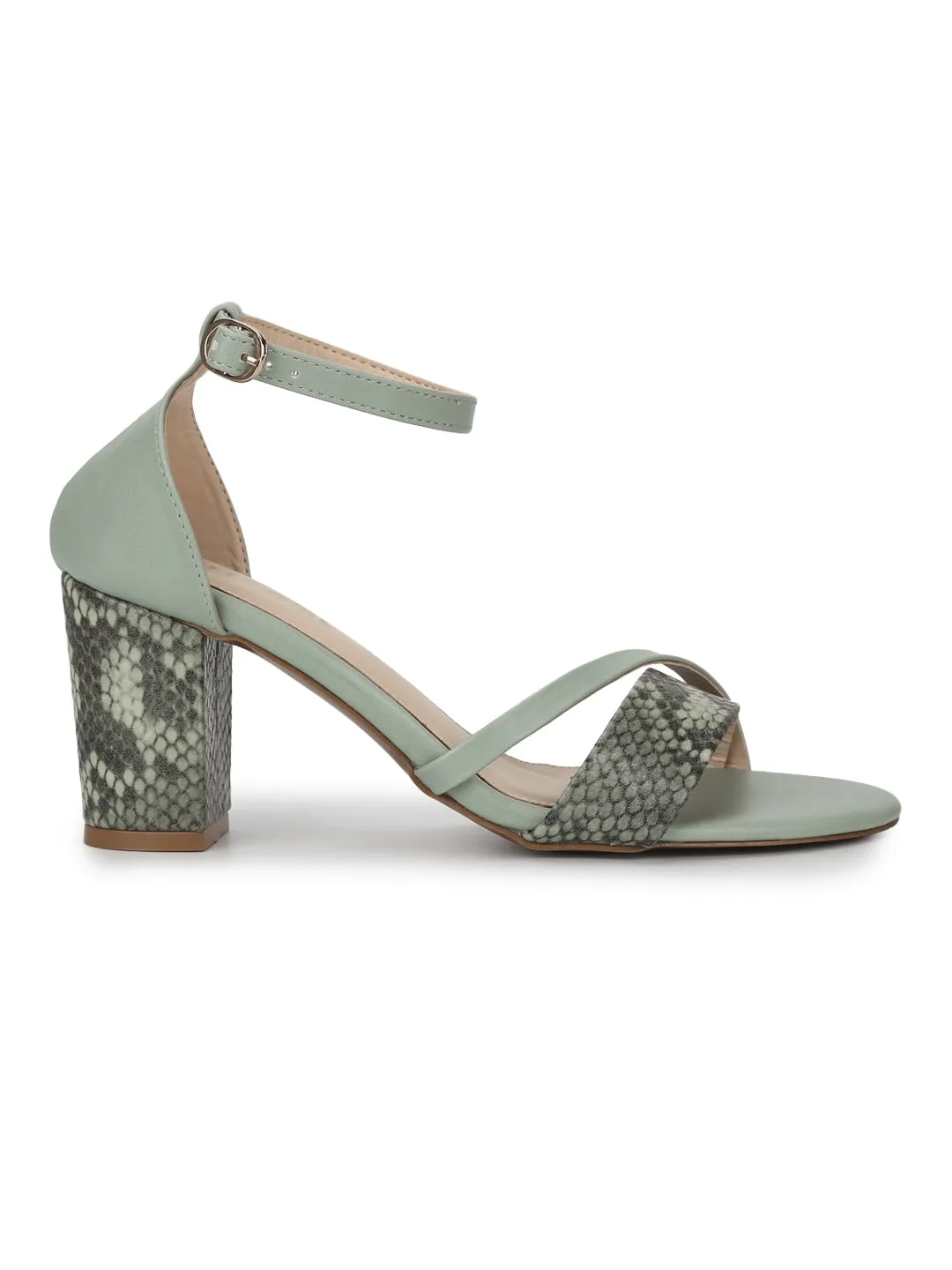 Green PU Snake Pattern Block Heels