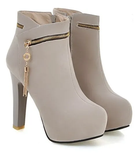 Trendy Grey Gold Zipper High Heel Platform Boots