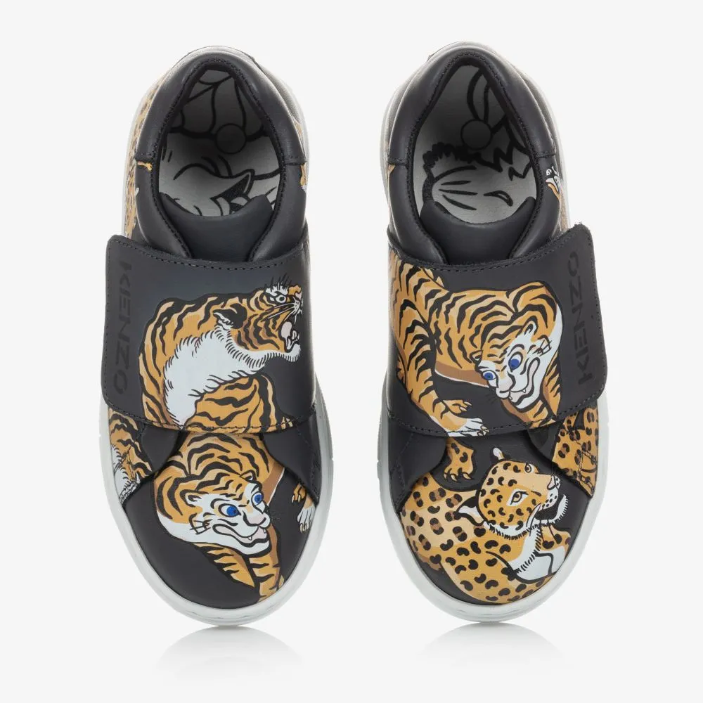 Grey Tiger Leather Trainers