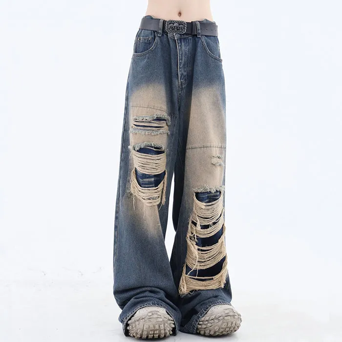 Grunge Aesthetic Ripped Wide Jeans