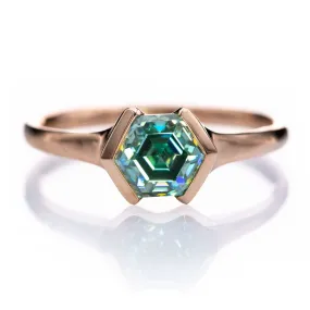 Half Bezel Set Hexagon Teal Moissanite 14k Rose Gold Signet Solitaire Ring, Ready to Ship