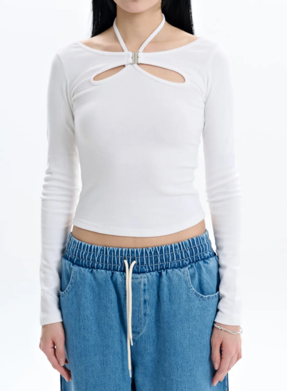 Halter Crop Top with Cut Out Detail and Long Sleeves IF413