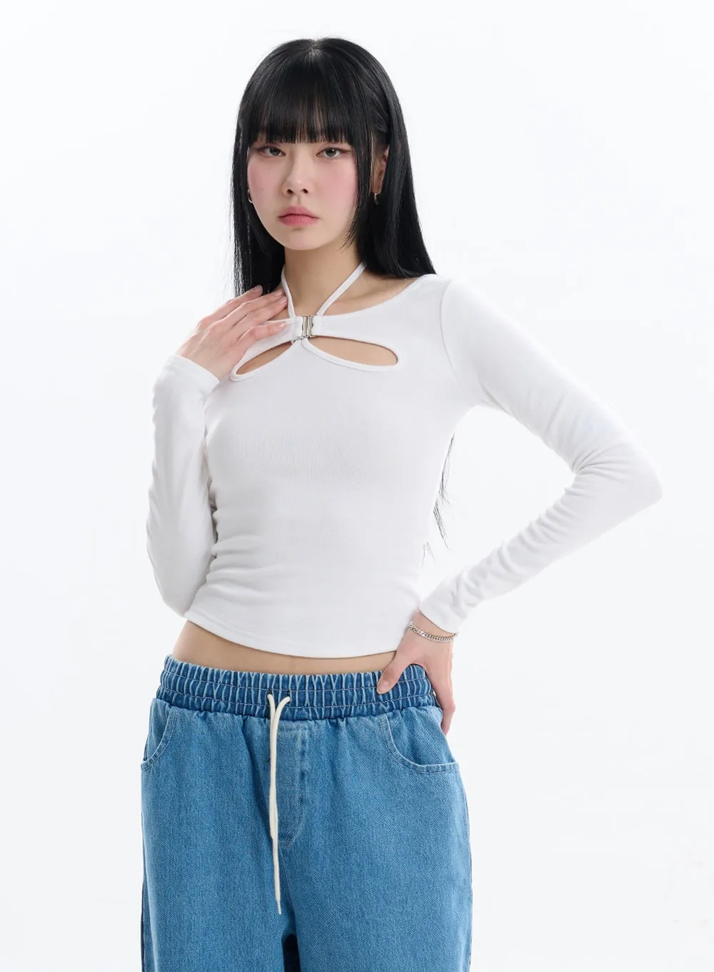 Halter Crop Top with Cut Out Detail and Long Sleeves IF413