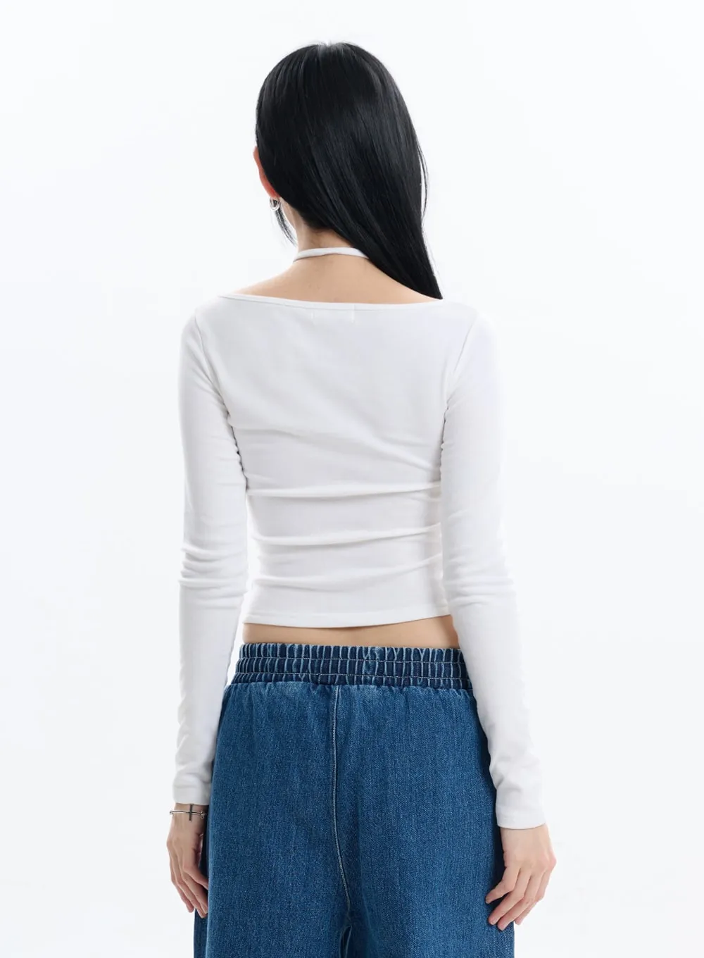 Halter Crop Top with Cut Out Detail and Long Sleeves IF413