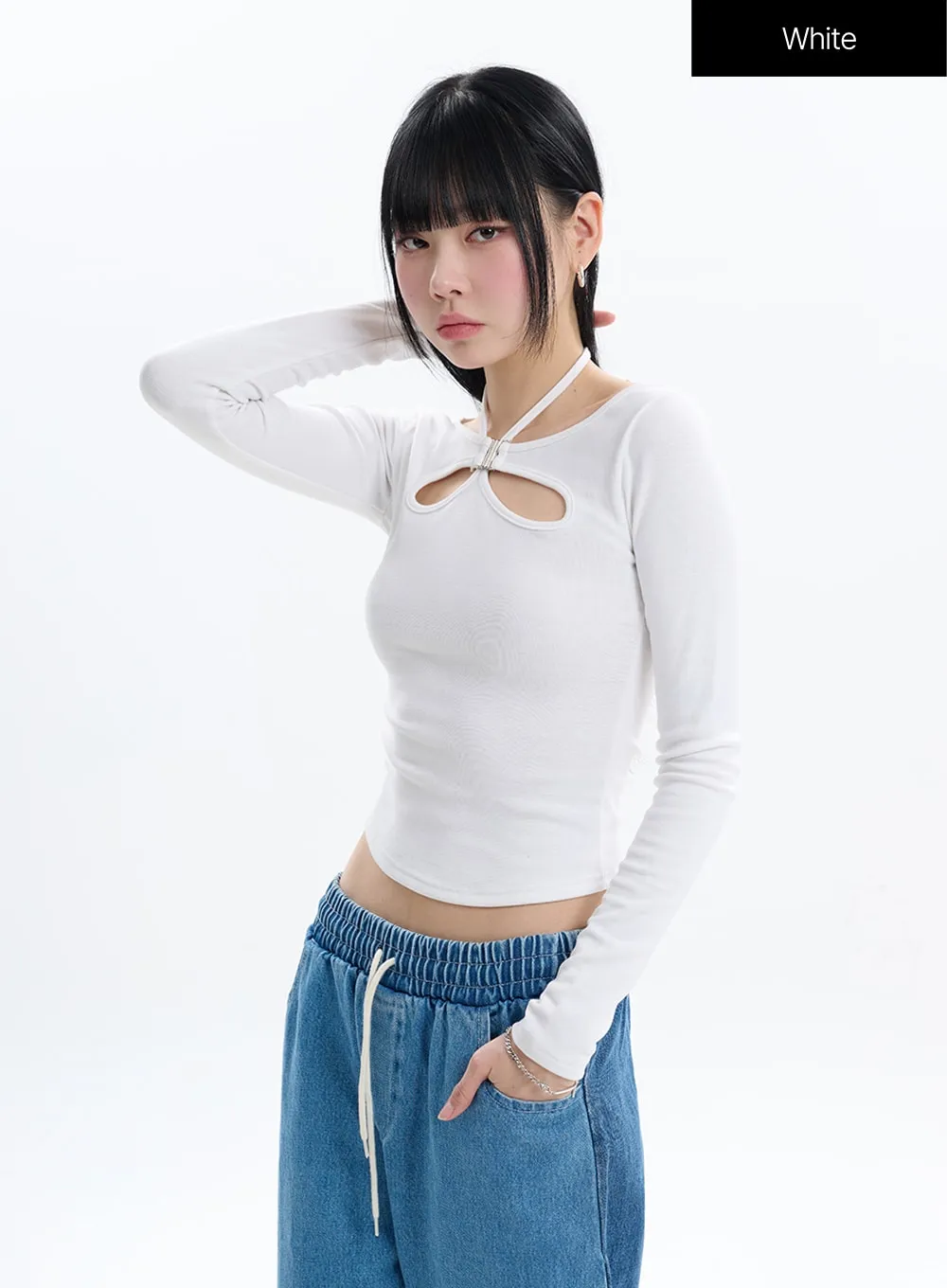 Halter Crop Top with Cut Out Detail and Long Sleeves IF413