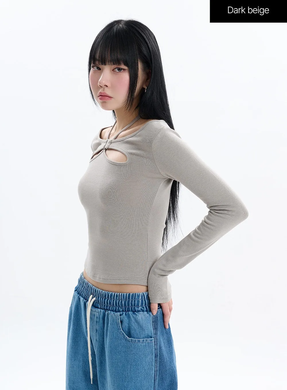 Halter Crop Top with Cut Out Detail and Long Sleeves IF413