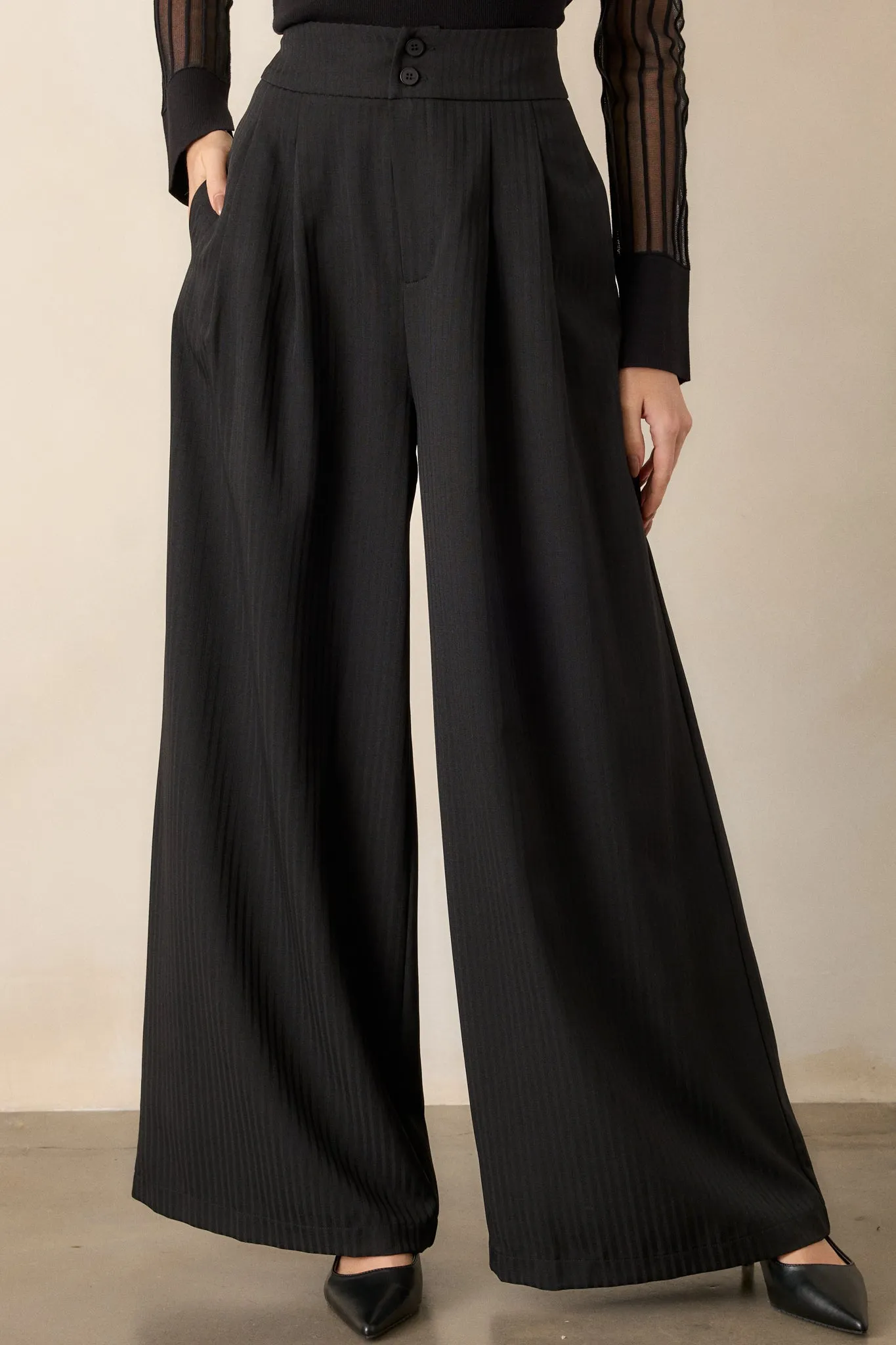 I'm Working Late Black Pinstripe Wide Leg Trousers