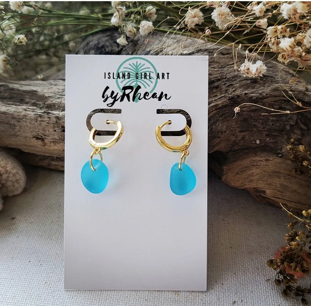 Island Girl Art - Sea Glass Earrings - 14K Gold Aqua