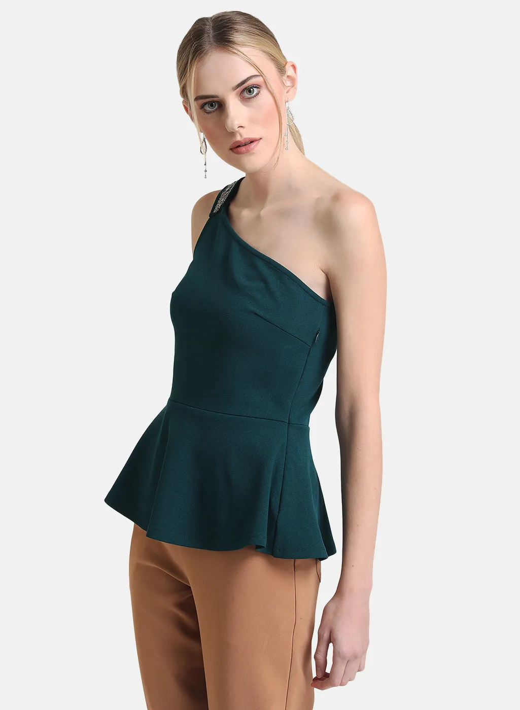 Kazo Green Embellished Peplum Top with One Shoulder