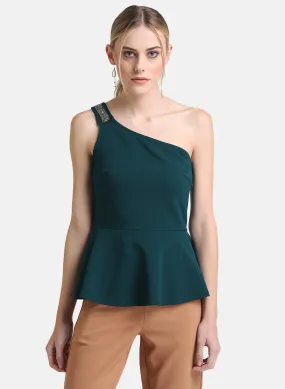 Kazo Green Embellished Peplum Top with One Shoulder