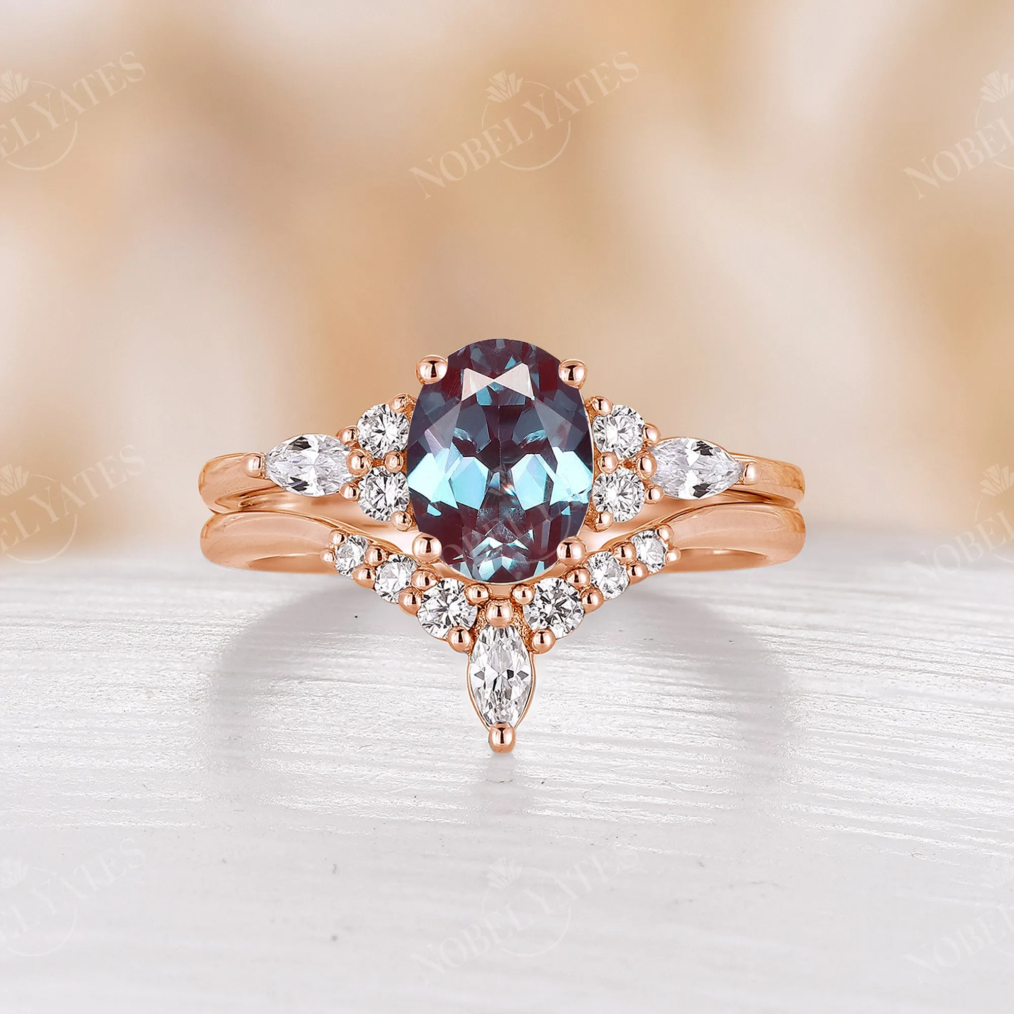 Lab Alexandrite Oval Shape Engagement Ring Set Cluster