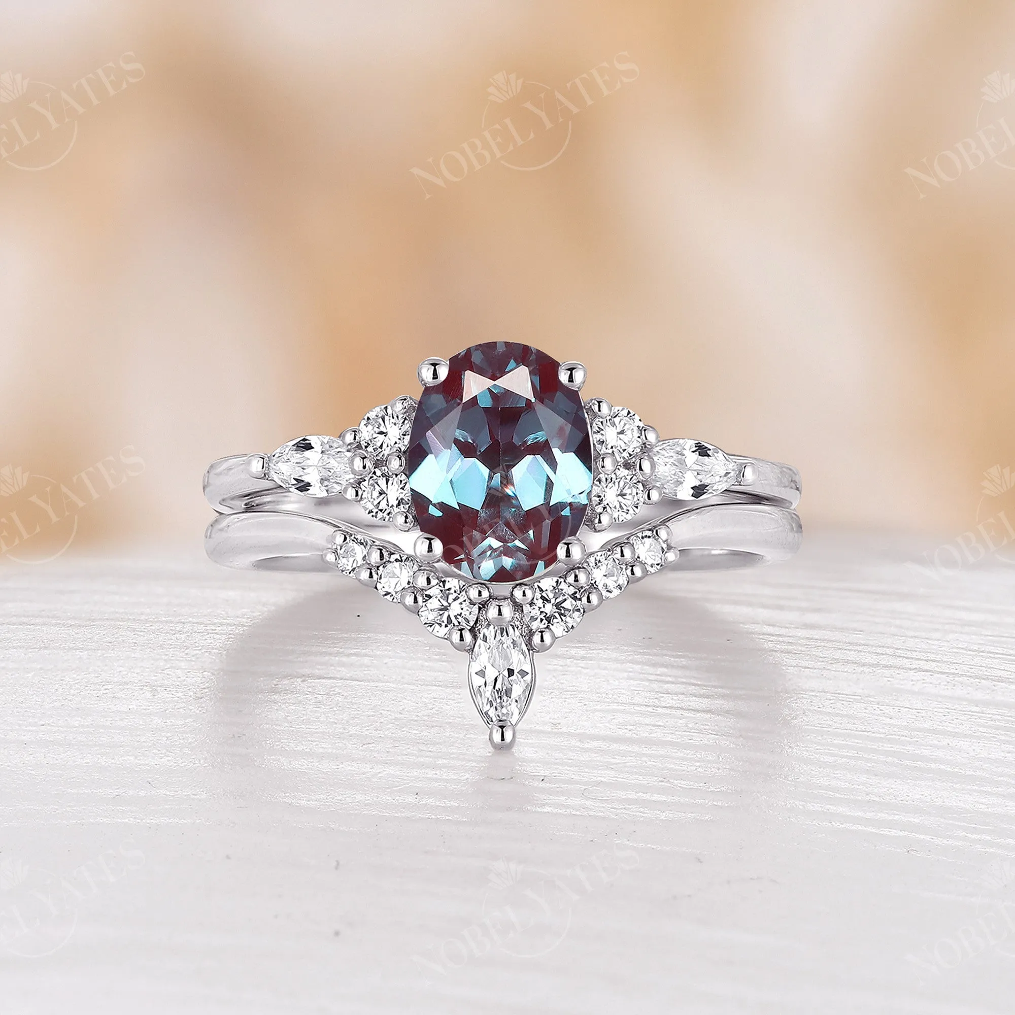 Lab Alexandrite Oval Shape Engagement Ring Set Cluster