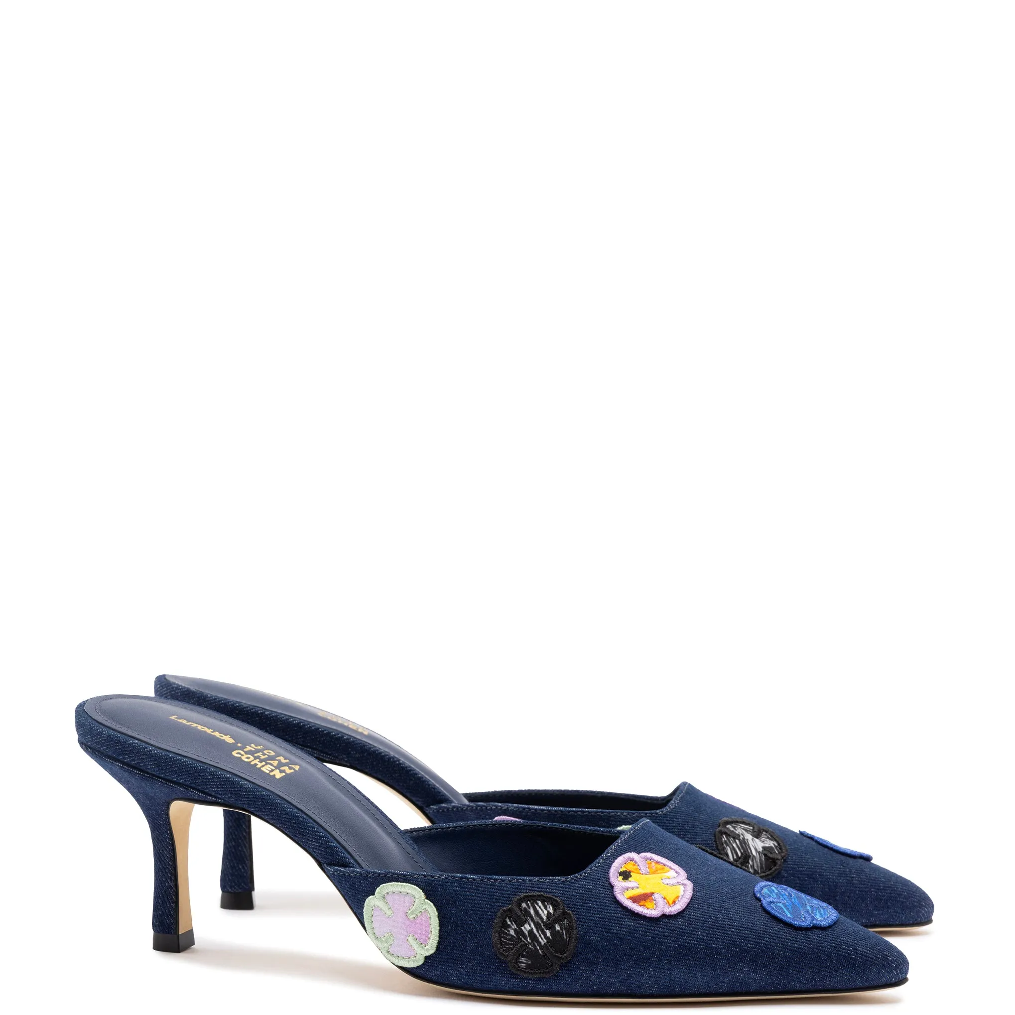 Larroudé Amal Mule in Blue Denim and Multicolor Patchwork by Jonathan Cohen