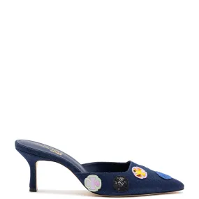 Larroudé Amal Mule in Blue Denim and Multicolor Patchwork by Jonathan Cohen