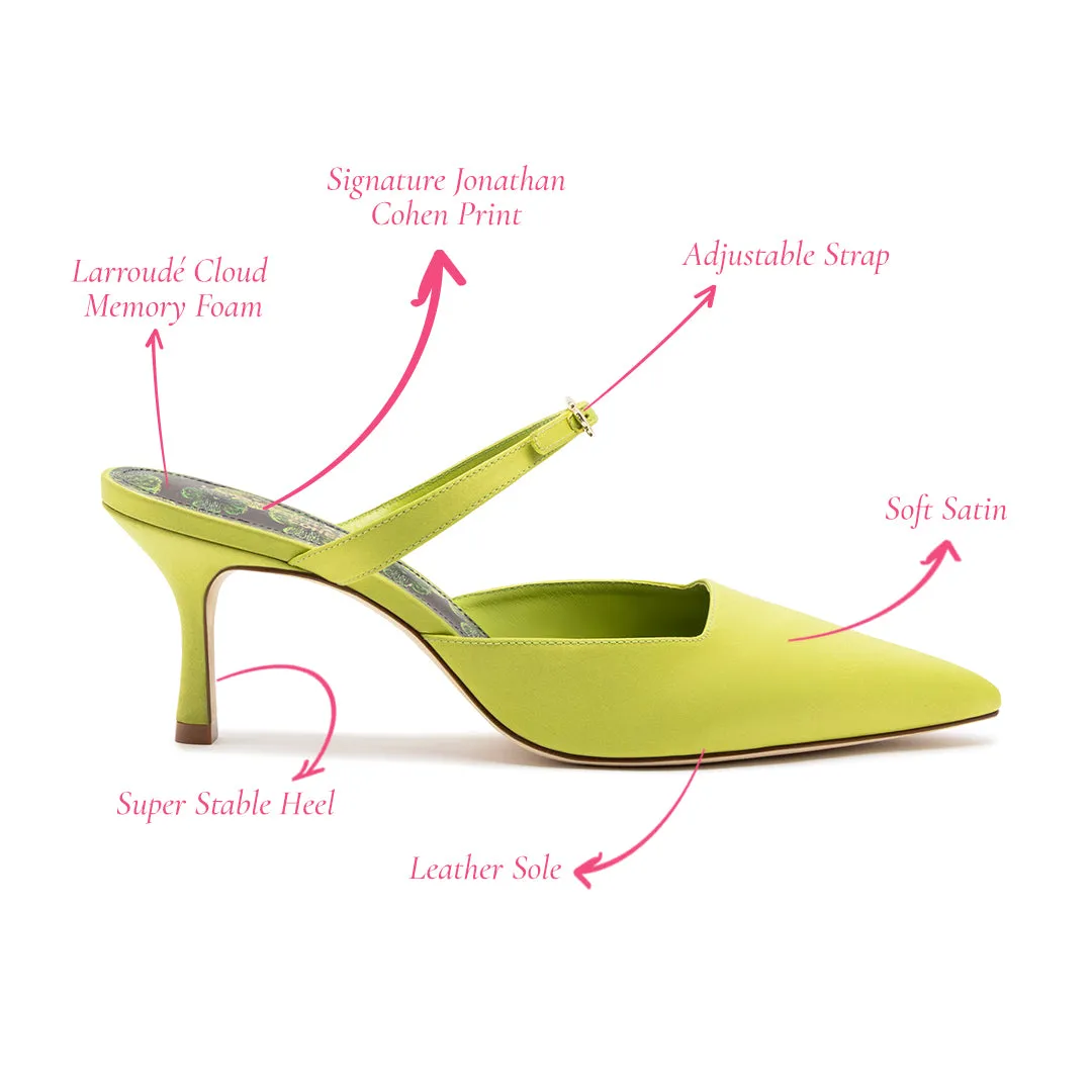 Larroudé Strap Mule Green Satin Jonathan Cohen Collaboration