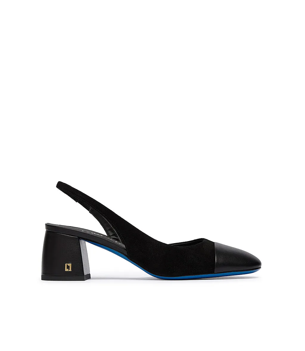 Logo-embellished black suede and leather slingback heels.